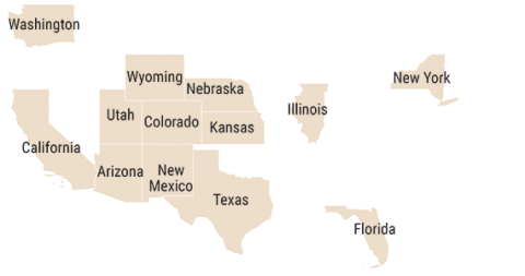Los 13 estados utilizados para las comparaciones a nivel estatal Mapa que muestra 13 estados de empleo competitivo utilizados para la comparación a nivel estatal