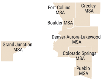 Las 7 áreas estadísticas metropolitanas de Colorado Mapa que muestra 7 MSA de Colorado utilizados para la comparación a nivel de condado