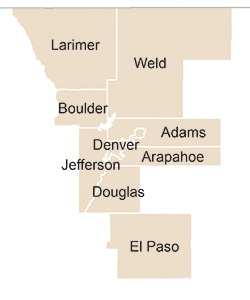 Los 9 condados de Colorado utilizados para la comparación a nivel de condado Mapa que muestra 9 condados de Colorado utilizados para la comparación a nivel de condado