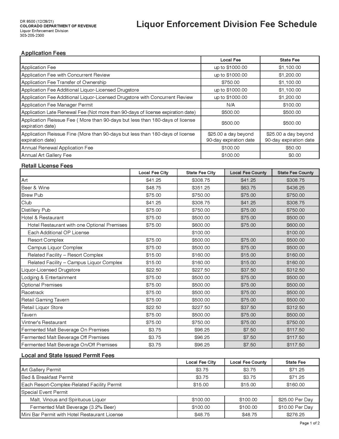 Liquor License Fee Schedule Page 1 Liquor License Fee Schedule Page 1